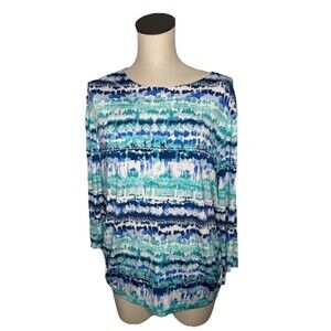 Southern Lady Blue Aqua White Print Liquid Knit Top Ruched side ties LP